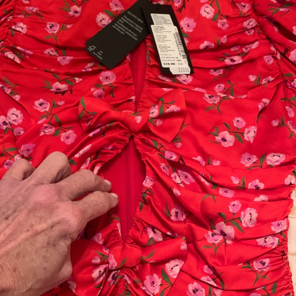 Red Ruched Floral Midi Dress with Ruffle Hem - Picture 4 of 6